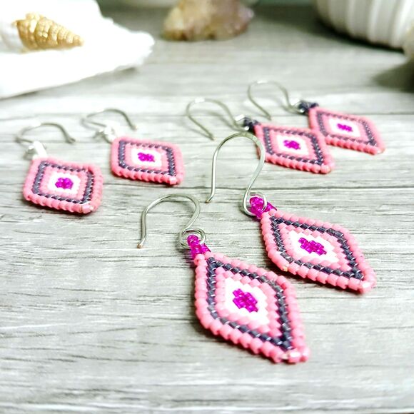 Seed Bead Diamond Geometric Dangle Earrings, Beaded Jewelry, Pink & Purple, 2" - Picture 4 of 7